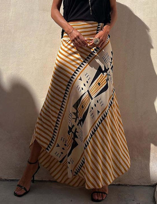 High-Waisted Striped Maxi Skirt with Asymmetrical Hem